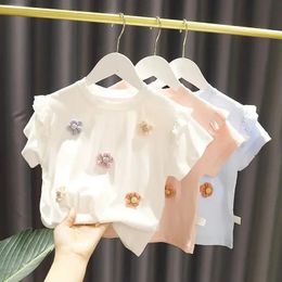 Summer Girls Tshirt Childrens Baby Cute Lace Shortsleeved Top Little Girl Cotton Bottoming Shirt 240408