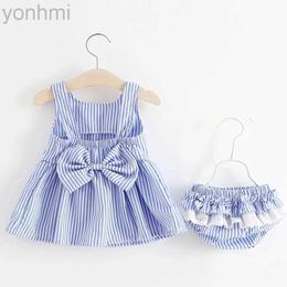 Girl's Dresses Baby Clothing Sets 2023 Girls Cute Summer Sleeveless Dress Girl 2Pieces Sets Short Pants+Dress Set Stripe Patten for Baby 6-24M d240419