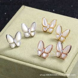 Womens Top Grade Vancelfe Original Designer Earrings Sterling Silver Butterfly Earrings Full Diamond Fritillaria Shell Super Jewelry with Logo