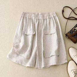 Women's Shorts Work Cotton Linen Female Summer Fashion Chic Elegant Large Pockets High-waisted Casual Five-minute Wide-legged