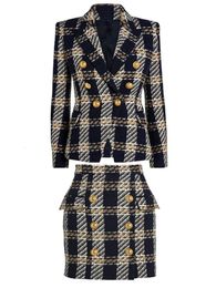 TOP QUALITY est FW Designer Suit Set Womens Slim Fitting Plaid Tweed Woolen Blazer Jacket Skirt 240412