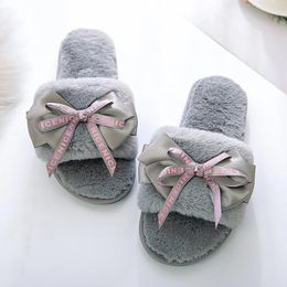 Slippers Bow Plush Winter Women Shoes Female Foreign Trade Home Flat Bottom Cotton Zapatos Para Mujeres