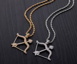 New Designed Iced Out Bow Arrow Pendant Solid Back Necklace Hip Hop Gold Silver Colour MensWomen Charm Chain Jewelry4304992