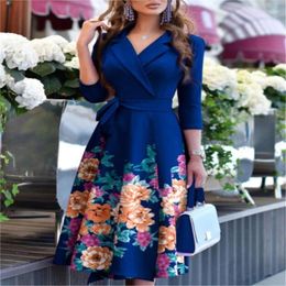 Casual Dresses Fashionable Spring Women's Print Suit Collar V-Neck Lace Up Long Sleeved Dress Elegant Flower Cross S-XXL