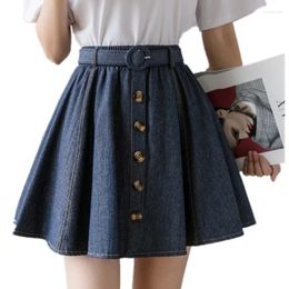 Skirts 2024 Denim Women Mini Skirt Korean High Waist Ball Gown Summer Elegant Single Breasted Blue Faldas Mujer Moda A347