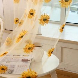 Curtain Curtain Sunflower Pattern Tulle Curtain Home Decor Voile Kitchen Balcony Room Floral Window Blind Screening Curtain Patio Decorati