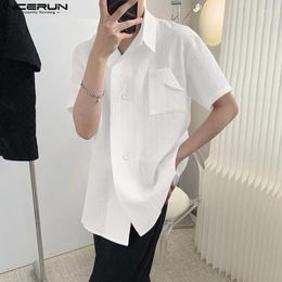 Men's Casual Shirts INCERUN Tops 2024 Korean Style Handsome Men Solid Simple Woven Embossed Blouse Streetwear Male Short Sleeved S-5XL