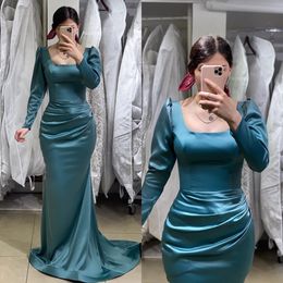 Elegant blue mermaid Muslim Evening Dresses square neck long sleeves Turkish Kaftan Dress pleats waist satin special occasion Formal dresses for women