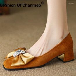 Dress Shoes LeShion Of Chanmeb Sheep Suede Pumps Women Sweet Bowknot Spark Rhinestone Block Heel Mid-heel Slip On Ladies Pump Ochre 42