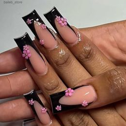 False Nails 24Pcs Pink flowers French Fake Nail tips with Glue Acrylic False Nails with embellished black tie Design Wearable Press on Nails Y240419