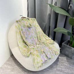 Casual Dresses Top Quality Silk Ladies Loose Full Lantern Sleeve Floral Print Mini With String Belt 2024 Latest Summer