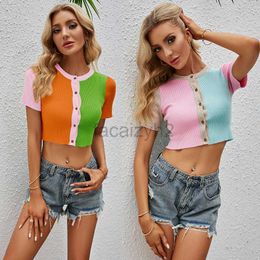 Women's T Shirt sexy Tees New short sleeved knitted top macaron Colour ultra short cardigan sexy exposed navel contrasting knit sweater Plus Size tops