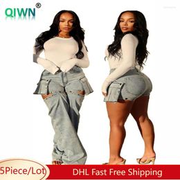 Women's Jeans 5Pcs Bulk Wholesale Cargo Women Unique Detachable Two-in-one Shorts Trousers Stylish Pockets Straight Denim Pants 10497