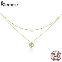 Pendant Necklaces BAMOER 925 Sterling Silver Vintage Gold Sun and Moon Double Layers Choker Necklaces Pendant for Women Silver Fine Jewellery SCN305 240419