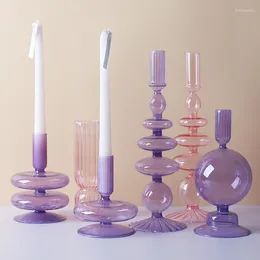 Candle Holders Nordic Romantic Glass Purple Pink Wedding Centrepieces Bougeoir Candlestick Home Living Room Decoration Portavela