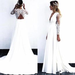 2024 Beach Wedding Dresses Sexy Hollow Back Lace Long Sleeves Illusion Deep V Neck Custom Made Wedding Bridal Gown