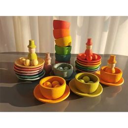 3D Puzzles Sensory Wooden Montessori Toys Rainbow Pastel Sorting Bowls Dishes with Balls Acorns for Kids Play 240419