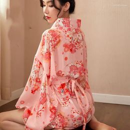 Ethnic Clothing Sexy Pink Japanese Kimono Bathrobe Gown Print Flower Mini Yukata Haori Nightgown Intimate Lingerie Chiffon Tunic Uniform