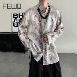 Men's Casual Shirts FEWQ Chinese Style Jacquard Patchwork Shirt Men Long Sleeve Stand Collar Design Ink Printed 2024 Summer Trend 9C5275