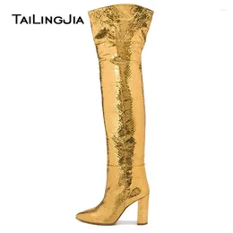 Boots Gold Thigh 2024 Women High Block Heel Over Knee Chunky Slip On Long Tall Boot Pointed Toe Ladies Winter Shoes