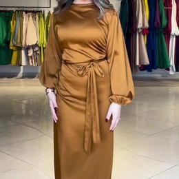 Ethnic Clothing Eid Muslim Dress For Women Satin Vestidos Dubai Abaya Morocco Party Dresses Ramadan Lace-up Kaftan Islam Arab Long Robe 2024