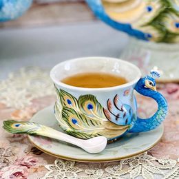 Mugs European Ceramic Auspicious Peacock Flower Tea Cup Tray Set Exquisite Afternoon Coffee Cups