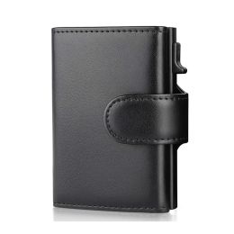 Wallets 2022 Fashion Aluminium Credit Card Wallet RFID Blocking Trifold Smart Men Wallets 100% Genuine Leather Slim with Coin Pocket