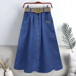 Skirts Summer Cotton Umbrella Skirt Women Fashion High Waist Belt Single Breasted A-line Solid Colour Basic Midi Long