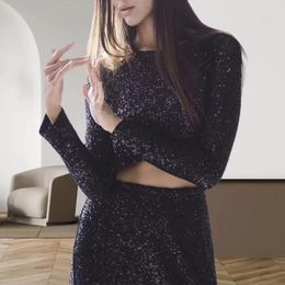 Women's Blouses Club Sequin Shirt Long Sleeve Crop Top For Women Shiny O Neck Waist-exposed Pullover Stage Show Party
