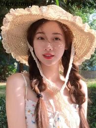 Horetong Femme Beach UV Protection Cap Korean Fashion Hollow Lace Up Foldable Sun Hat Women Summer Large Brim Beach Visors Hat 240323