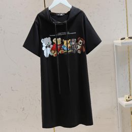 Large Size Womens Clothing Plump Girls Loose Slimming Printed Pattern T Shirt Cotton Mid Length Short Sleeve Dress