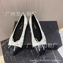 Shoes Dress High Version Small Fragrant Ballet Shallow Mouth Letter Bow Colour Block Round Toe Flat Heel Women's