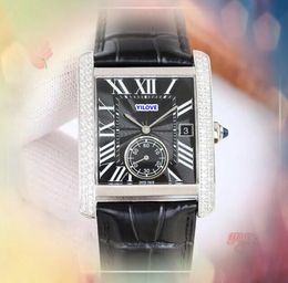 Luxury Squre Roman Tank Dial Watch Men Shiny Starry Cow Leather Clock Day Date Quartz Movement Two Line Diamonds Ring Iced Out Hip Hop One Eye Designer Watches Gifts