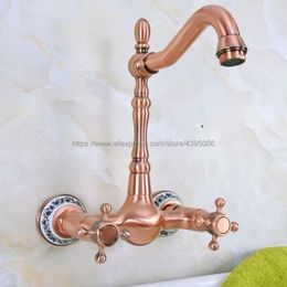 Bathroom Sink Faucets 360 Swivel Red Copper Basin Mix Tap Dual Handles Wall Mounted Kitchen Mixer Faucet Bnf943