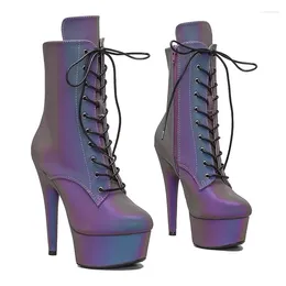 Dance Shoes Holographic Light Reflected PU Upper 15CM/6Inch Women's Platform Party High Heels Modern Boots Pole 055