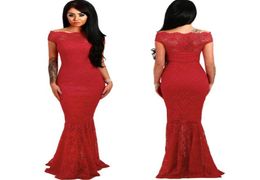 Women Evening Party Dress Sexy Red Lace Dresses Lady Off Shoulder Crochet Long Mermaid Dress Robe de Soiree Fishtail Maxi Dress Ve1502755