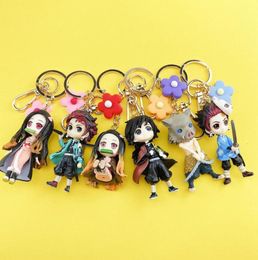 Keychains Anime Demon Keychain Cute Brinco Blade Of Ghost PVC Key Chain Kamado Tanjirou Cosplay Pompom Yaiba Keyring Pendant5493562