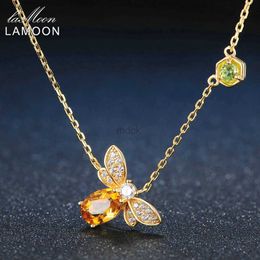 Pendant Necklaces LAMOON Bee 925 Sterling Silver Necklace Natural Citrine Gemstone Necklaces 14K Real Gold Plated Chain Pendant Jewelry LMNI015 240419