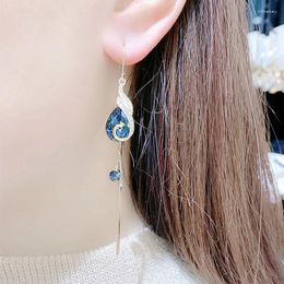 Dangle Earrings For Women Style Fashion Vintage Peacock Long Tassels Blue Crystal Versatile Retro Temperament Gifts