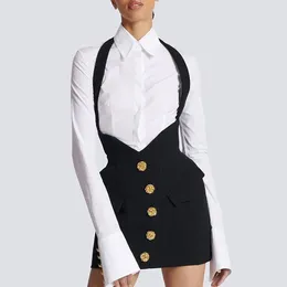 Work Dresses Fashion Street 2Piece Sets Simple Single Breasted Lapel Slim White Shirts Sexy Retro Hanging Neck Bag Hip Skirt For Women's