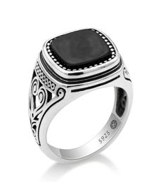 925 Sterling Silver Men Ring with Suqare Natural Black Stone Carved Design Thai Silver Ring for Women Men Turkish Jewelry7120838