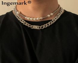 2PcsSet Luxury Iced Out Rhinestone Chain Fashion Punk Simulated Pearls Choker Necklace Women Man Miami Cuban Collier Bijoux Penda5565060