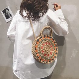 Bags Fashion Round straw bag handknit contrast Colour beach bag large capacity literary oneshoulder crossbody woven bag