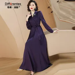 Casual Dresses Spring Autumn Women Purple Satins Long Sleeve V-Neck Evening Dress Slim Fit Robe Luxury Party Clothing