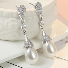 Dangle Earrings S925 Sterling Silver 45MM Elegant French Teardrop Pearl Zircon For Women Fashion Charm Wedding Anniversary Gift Jewelry