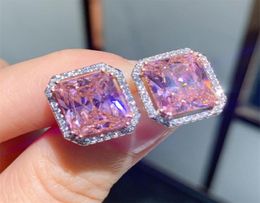 Choucong Top Sell Stud Earring Luxury Jewelry 925 Sterling Silver Princess Cut Pink Topaz CZ Diamond Gemstones Eternity Women Wedd8838985
