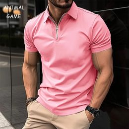 Mens Solid Colour Polo Shirt Short Sleeve Zipper Collar Tshirts for Men Summer Turn-Down Streetwear New Male Jogger Tops 240415