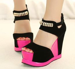 Black With Deep Pink Colourful High Heels Comfortable Dress Shoes Peep Toe Wedges7256956