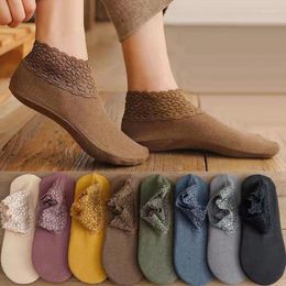 Women Socks Low Lace Tube Thermal Vintage Cute Thick Plus Velvet Warm Home Floor Autumn Winter Anti-slip Sock Slippers