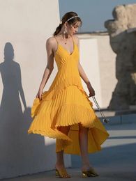 Casual Dresses Bright Yellow Pleated Layers Cake Dress Women Unbrella Design Long Luxury Elegant Party Dinner Dance Banquet Vestidos